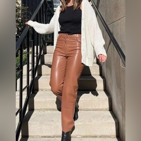 7 SEVEN FOR ALL MANKIND Straight Leg Faux Leather Pants in Golden Tan Camel Med - Picture 1 of 11